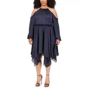 Michael Kors Women's Plus Size Cold-Shoulder High Low Hem Dress Midnight Blue 2X